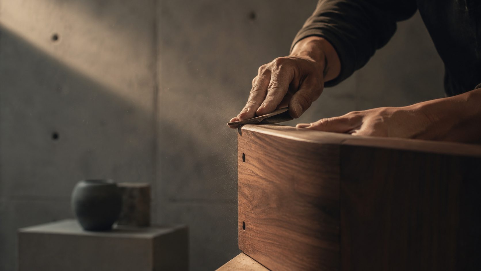 KI-Konzeptstudie von Händen beim Schleifen eines Holzobjekts