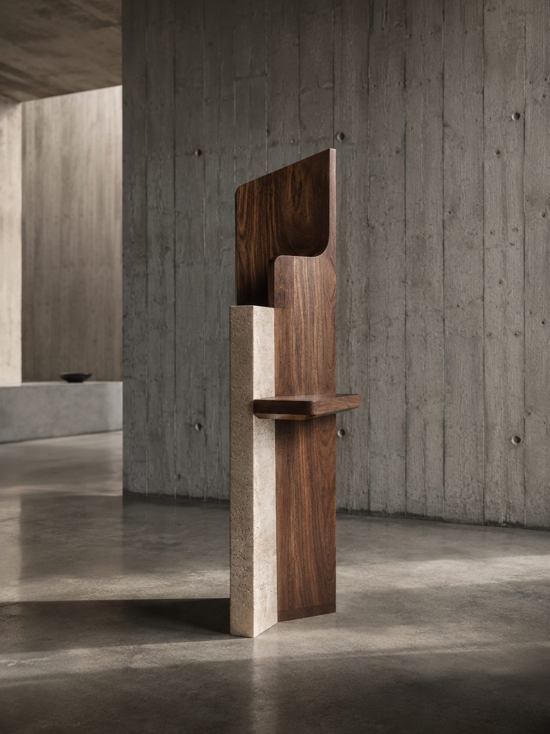 KI-Konzeptstudie einer hohen skulpturalen Katzenstele aus Holz und Stein